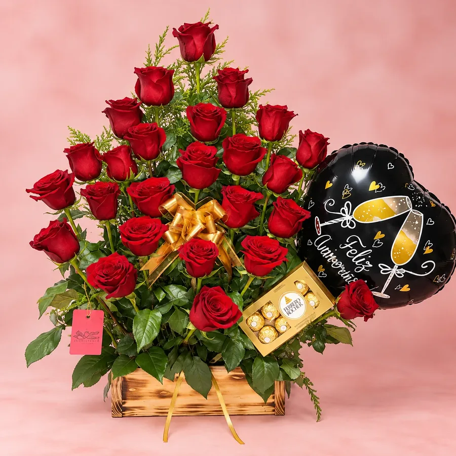 Bouquet de 25 Rosas, Diseño grande y delicado con 25 rosas rojas, chocolates y globo con mensaje, Florería Eben Ezer La Serena