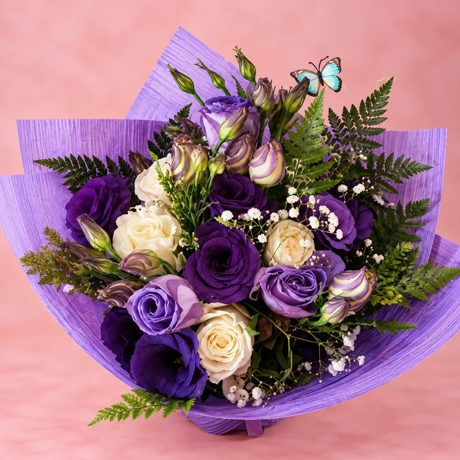 Bouquet de Lisianthus, Arreglo elegante que combina la delicadeza del lisianthus con la belleza de la rosa, en papel morado, Florería Eben Ezer La Serena