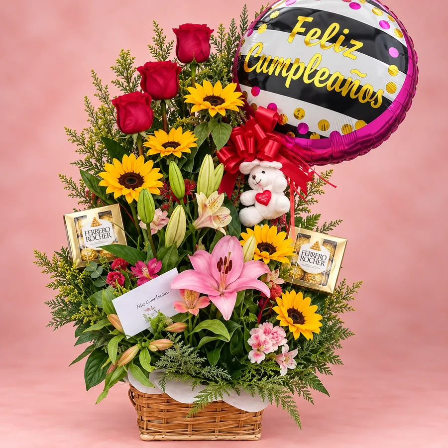 Canasto con rosas, lilium, chocolate Ferrero Rocher y globo personalizado en La Serena