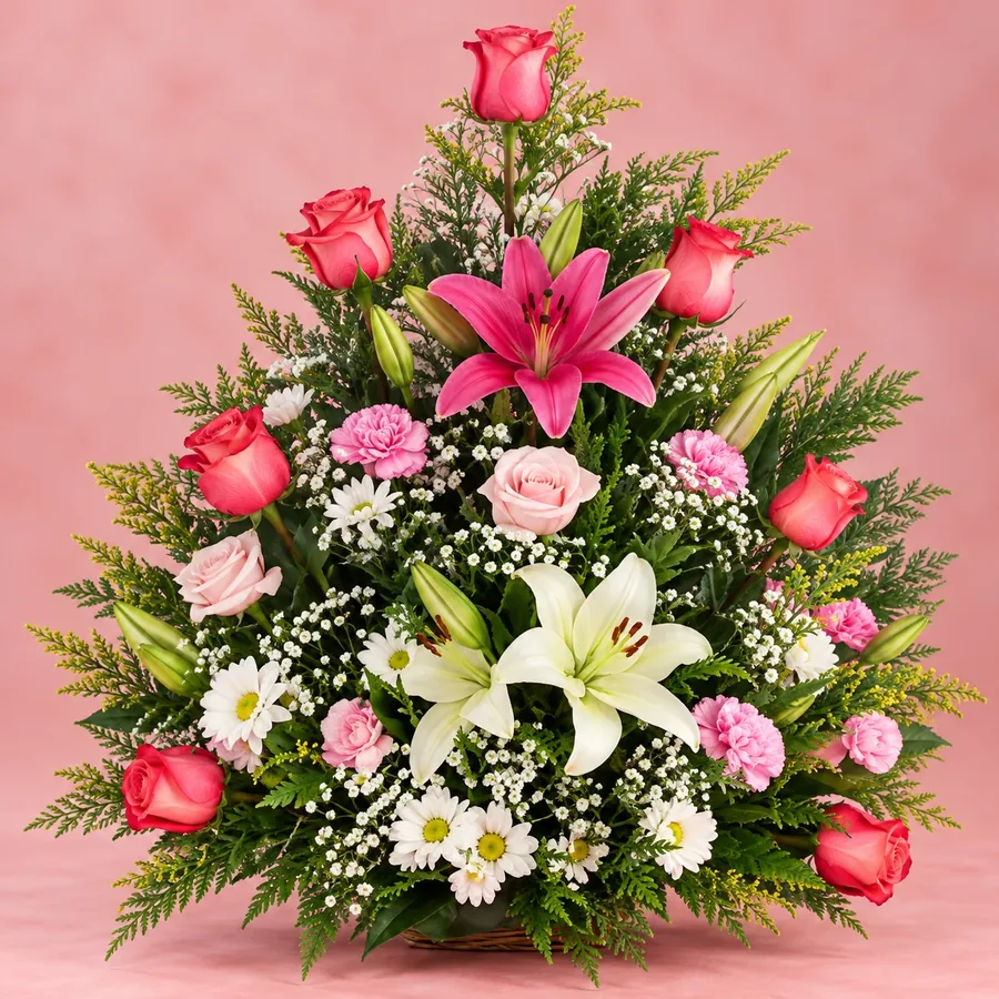 Arreglo de Rosas con Lilium, Diseño amplio en base con rosas, lilium y flores de temporada, Florería Eben Ezer La Serena