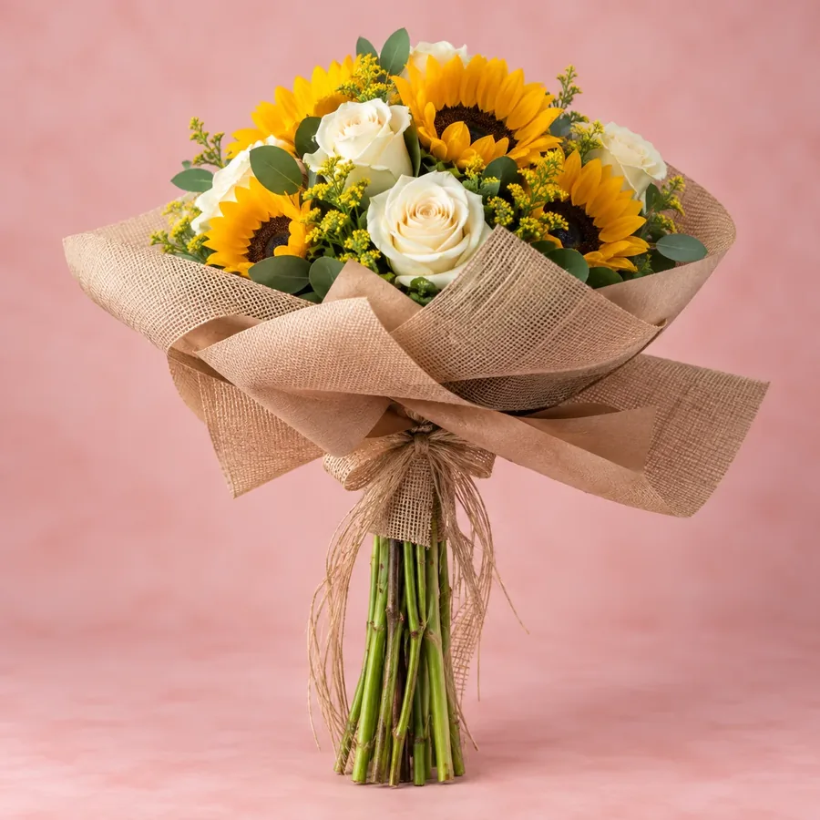 Arreglo de 9 Rosas y 7 Girasoles, Bouquet de mano con 9 rosas y 7 girasoles en papel kraft, Florería Eben Ezer La Serena