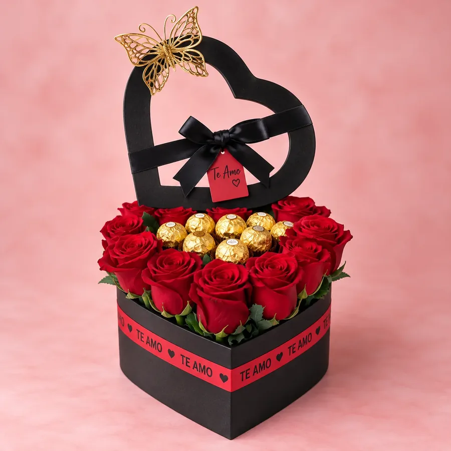 Caja de corazón con rosas rojas y Ferrero Rocher, tienda de regalos en La Serena