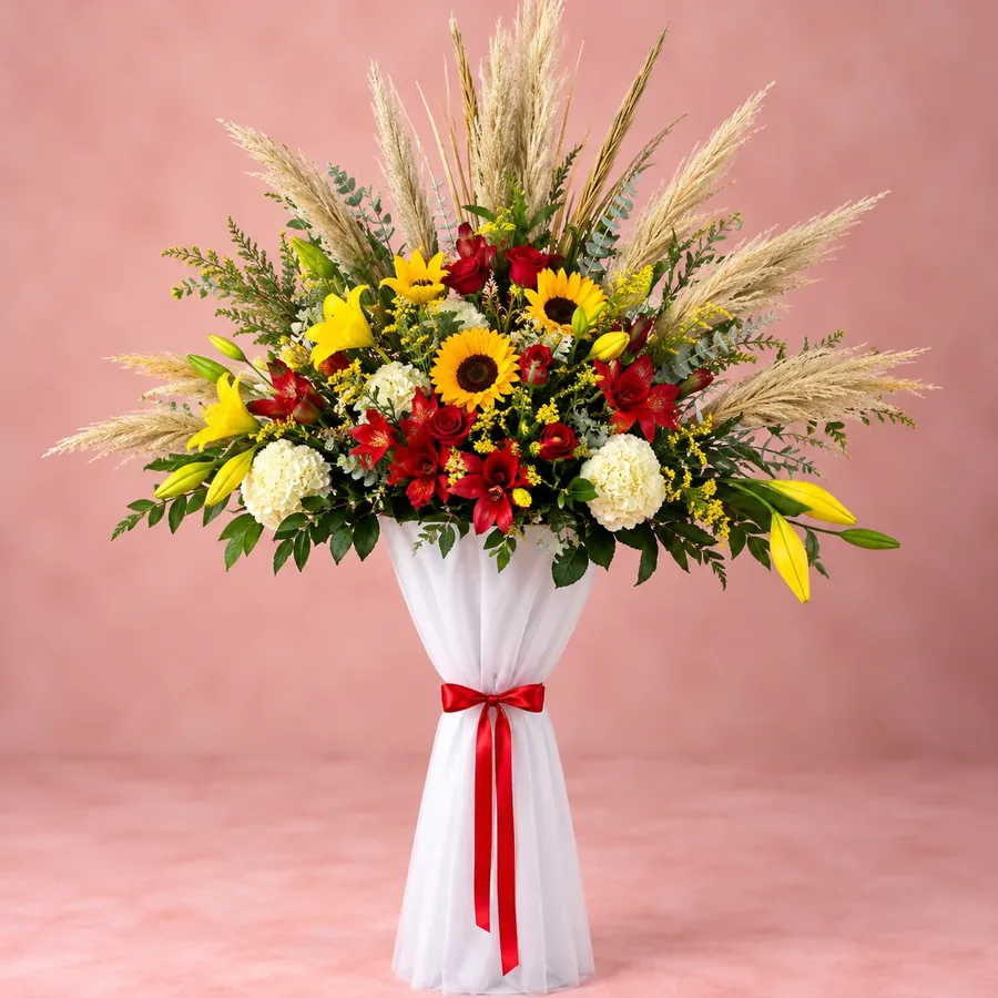 Arreglo para Eventos, Arreglo de rosas, girasoles y trigo para licenciaturas, aniversarios y ceremonias, se personaliza con las flores y colores de la ocasión, Florería Eben Ezer La Serena