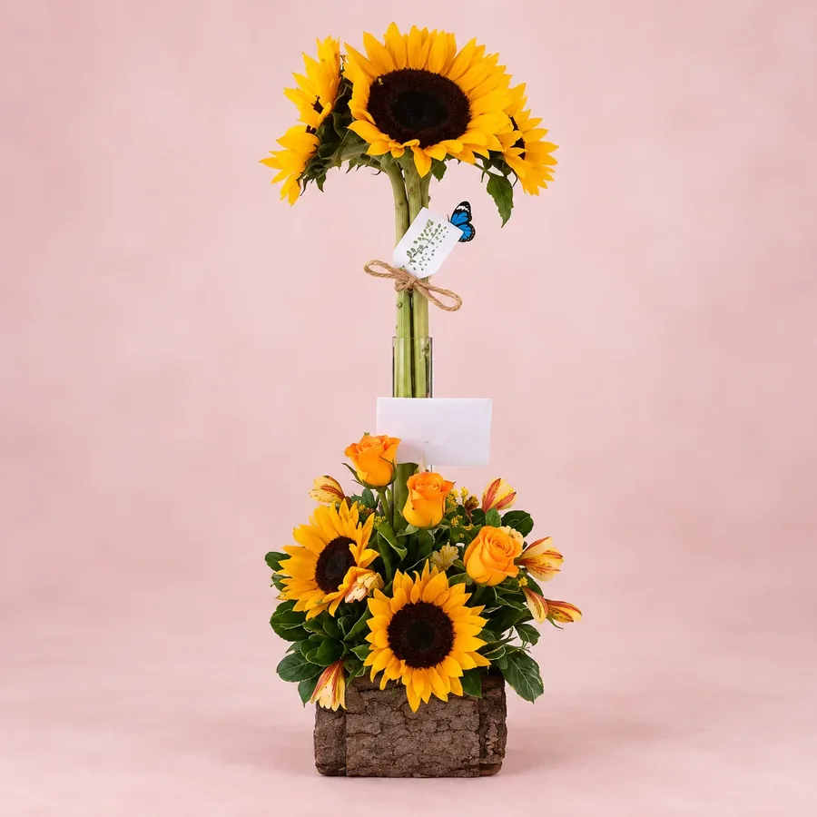 Arreglo de girasoles sobre base de madera, flores a domicilio en La Serena