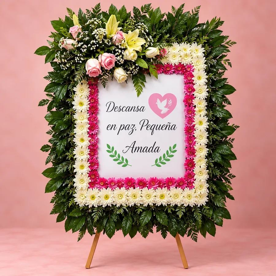 Corona Fúnebre, Corona con mensaje estampado en tela satinada, personalizable con logo o foto. 60×60 cm desde este precio y 1,10×60 cm a $88.000, Florería Eben Ezer La Serena